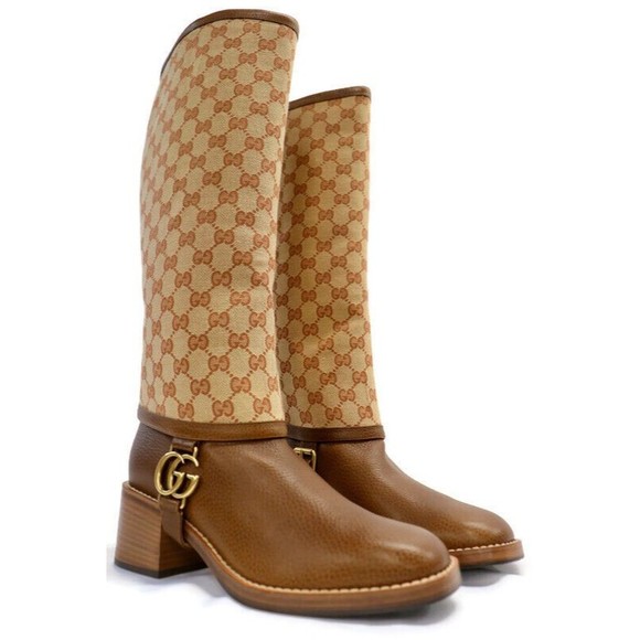 GUCCI - GG Monogram LOLA Canvas & Leather Riding Boots Women's US Size 8.5 w/Box - Picture 1 of 12